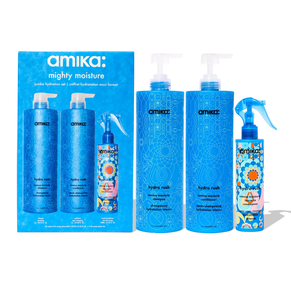 Amika front packaging showing jumbo shampoo and conditioner for long-lasting hydration