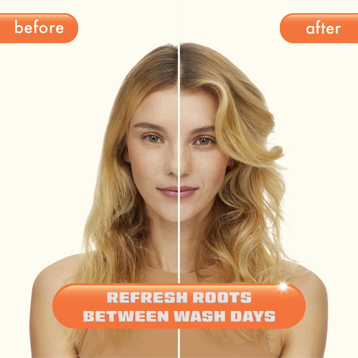 Amika applying dry shampoo to roots showing oil absorption benefit