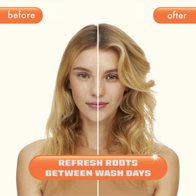 Amika applying dry shampoo to roots showing oil absorption benefit