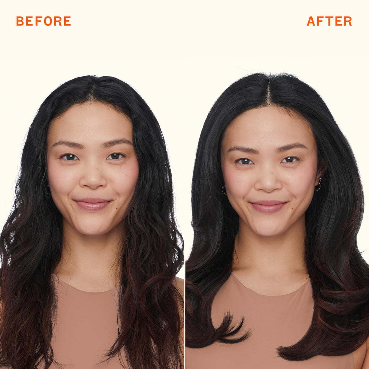 amika demonstration of no visible residue on dark hair for discreet finish