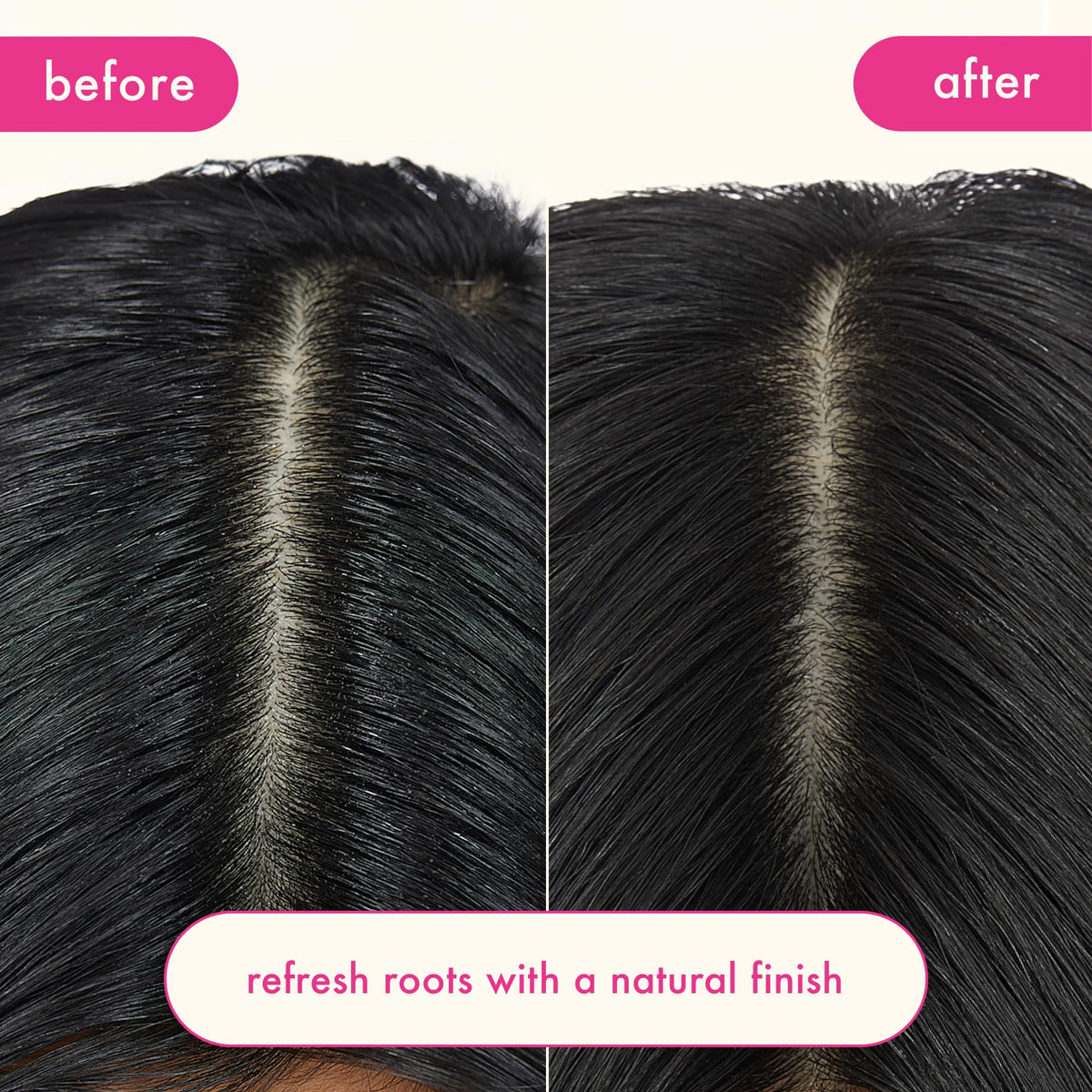 amika applied to dark hair roots with natural finish and no visible residue