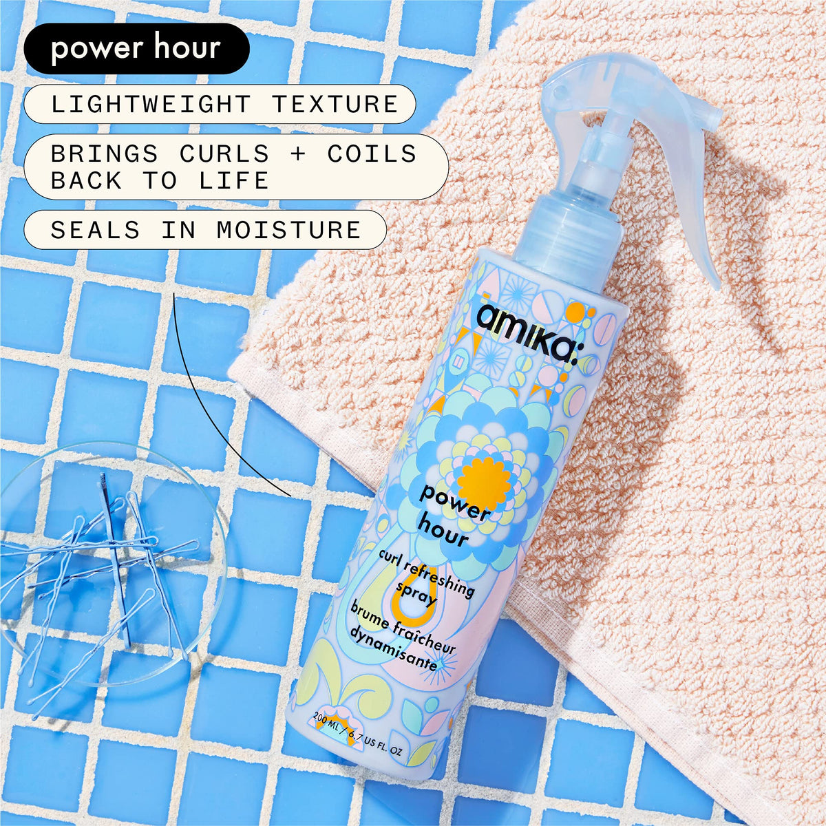 amika label closeup showing product name and key moisturizing benefit