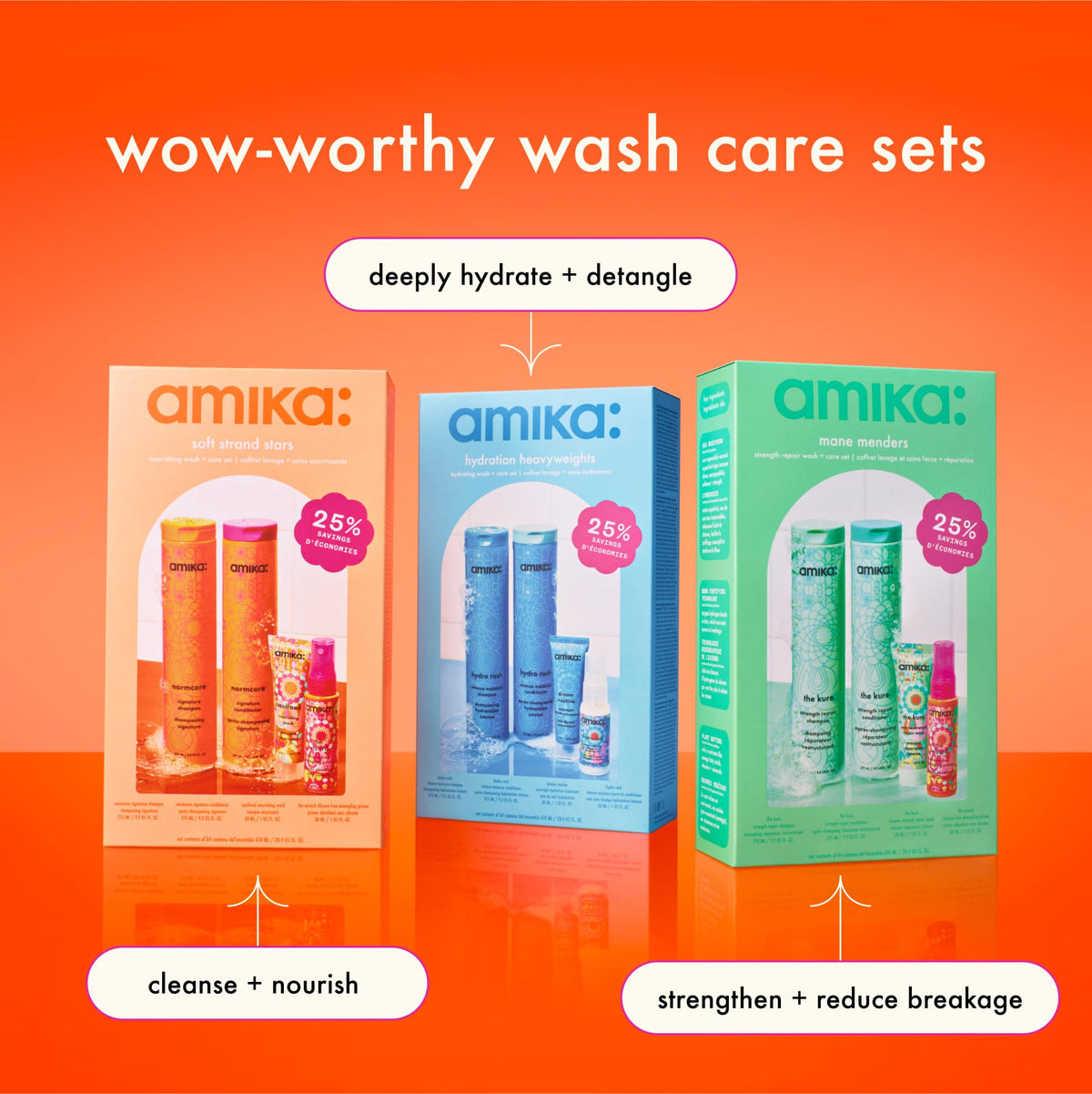 Amika full-size Normcore bottles next to travel sizes to show scale and packing convenience