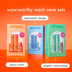 Amika full-size Normcore bottles next to travel sizes to show scale and packing convenience