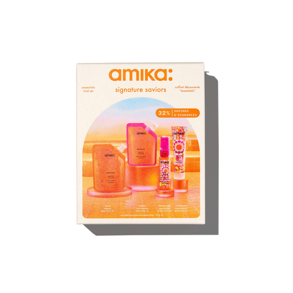 amika front packaging showing the four travel-size bottles and benefit convenience