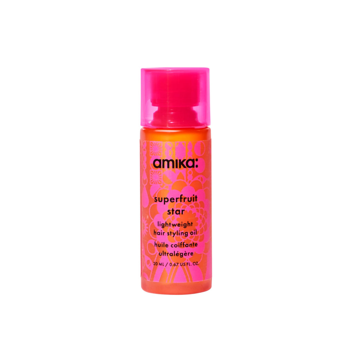 Amika bottle front view showing Superfruit Star and benefits
