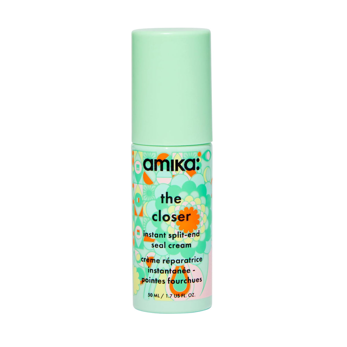 amika the closer front packaging showing sleek tube for fast smoothing