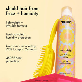 Amika The Shield anti-humidity spray bottle showing lightweight protection benefit