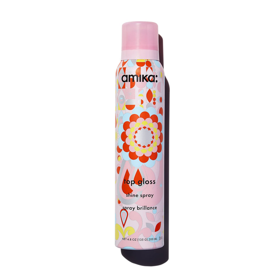 Amika top gloss front bottle view showing label and glossy finish benefit