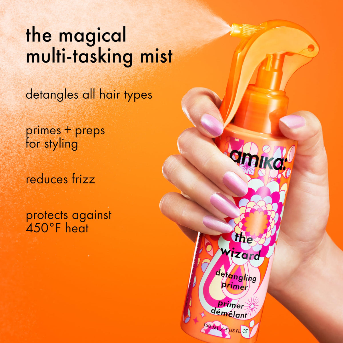 amika spray mist action on damp hair, fast detangling benefit