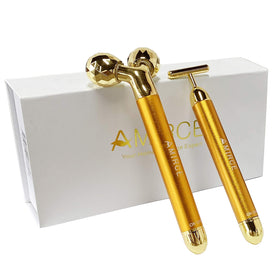 Amirce front view of golden face massager kit showing compact travel pouch