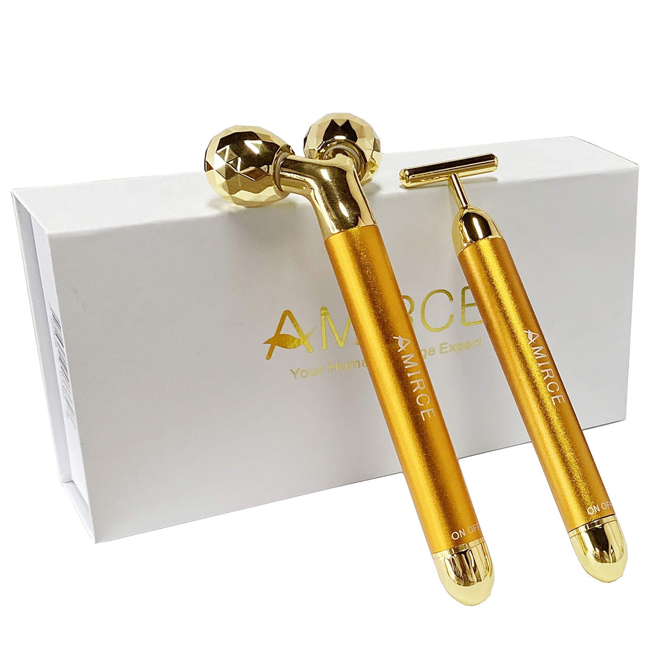 Amirce front view of golden face massager kit showing compact travel pouch