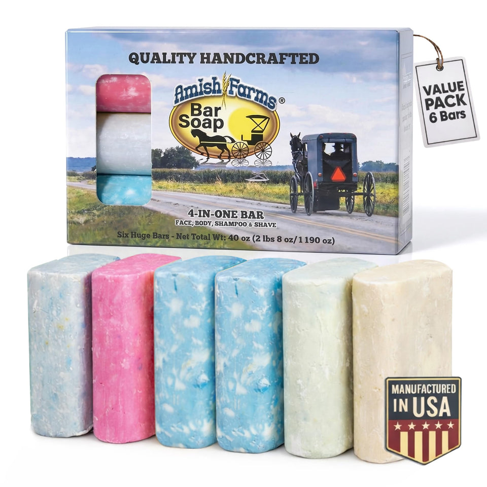 Amish Farms front package showing six bars and clean scent benefits