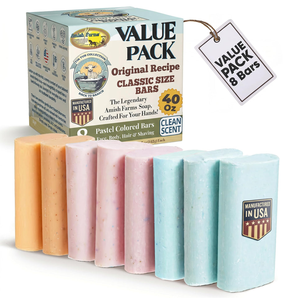 Amish Farms front packaging showing 8-bar value pack and colors