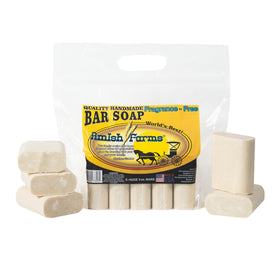 Amish Farms front packaging showing five fragrance-free bars for easy storage