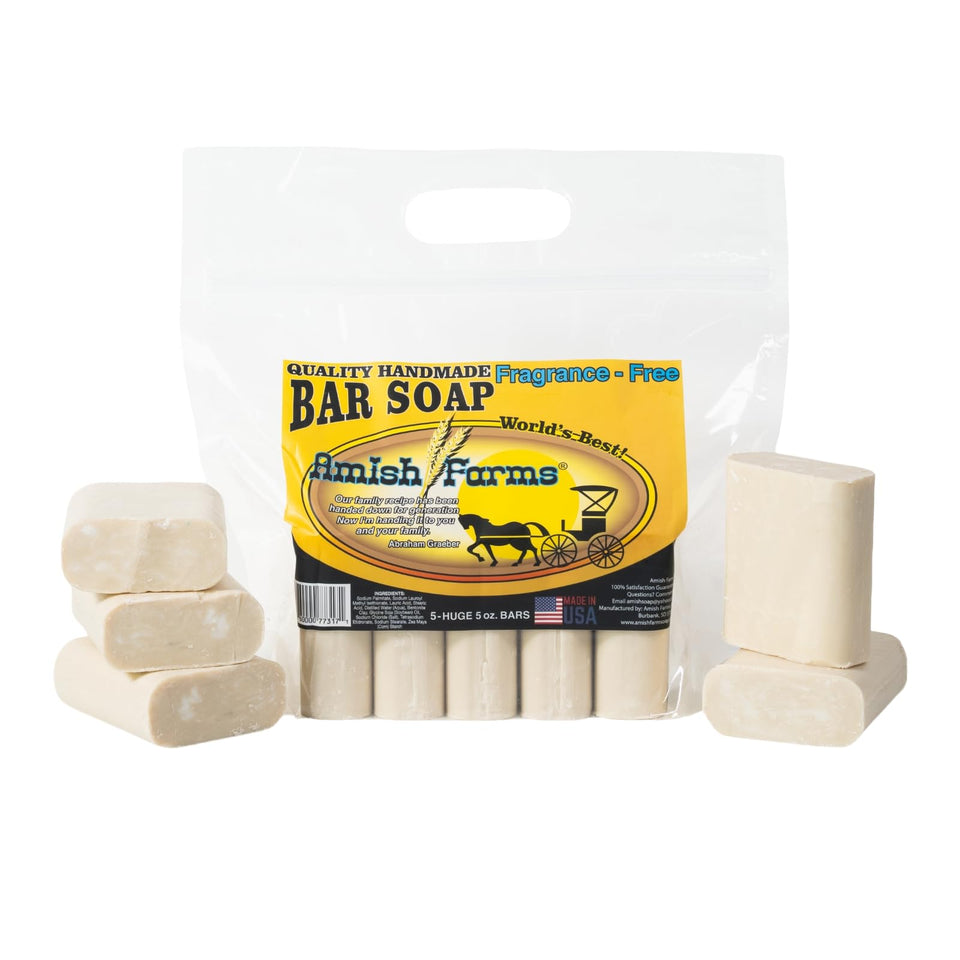 Amish Farms front packaging showing five fragrance-free bars for easy storage