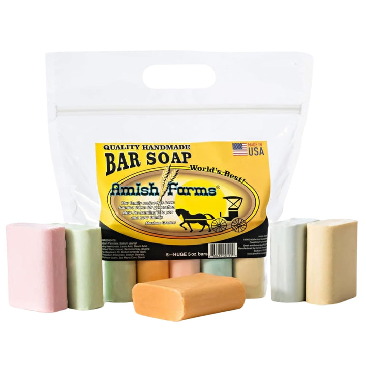 Amish Farms front packaging showing five-bar value bag and brand benefit