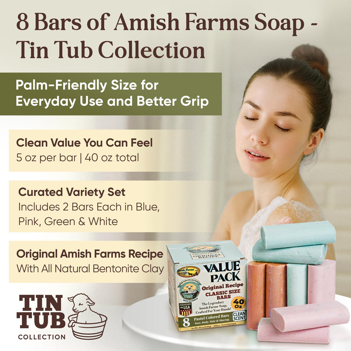Amish Farms soap held in hand demonstrating easy grip