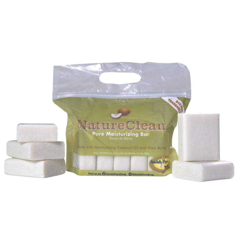 Amish Farms front packaging showing five unscented bars and product benefits