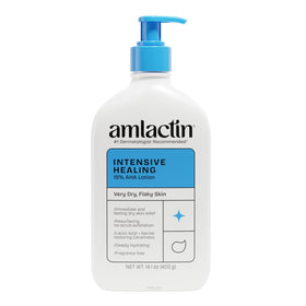 AmLactin front pump bottle shows therapeutic moisturizer and convenient dispenser