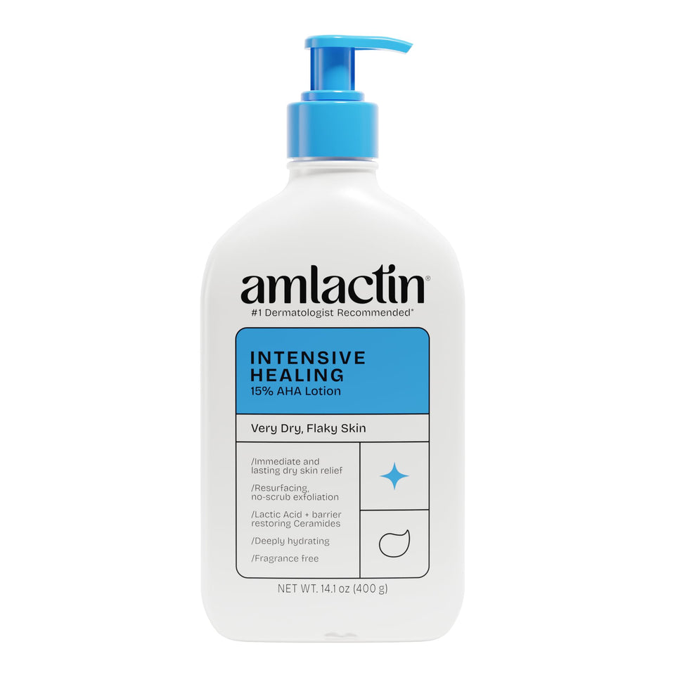 AmLactin front pump bottle shows therapeutic moisturizer and convenient dispenser