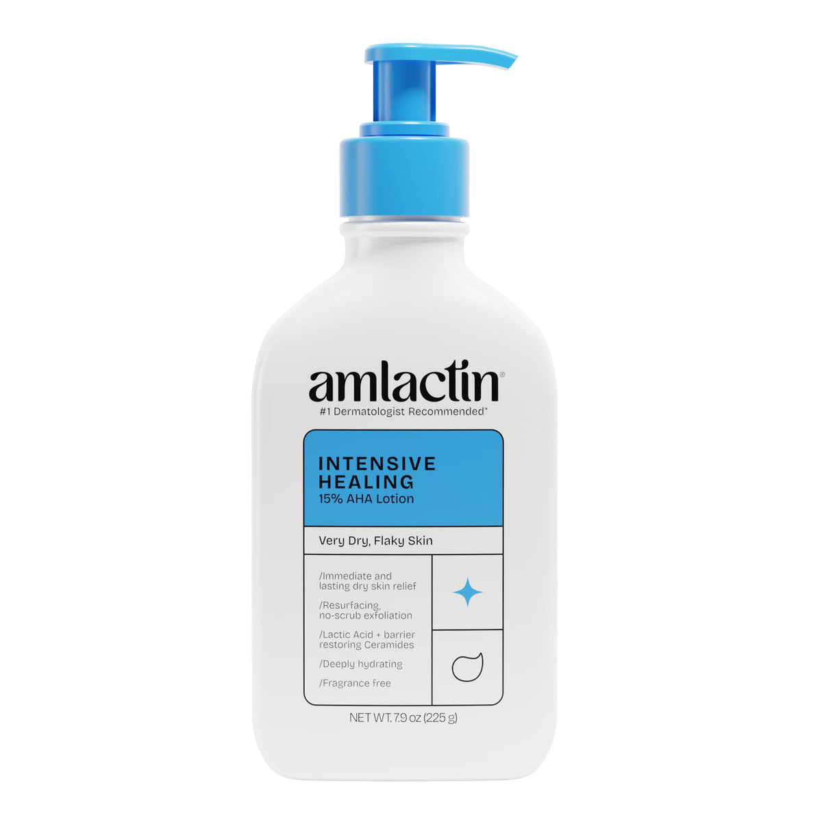 AmLactin pump bottle front view showing therapeutic lotion and ease of use