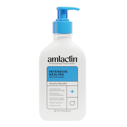 AmLactin pump bottle front view showing therapeutic lotion and ease of use