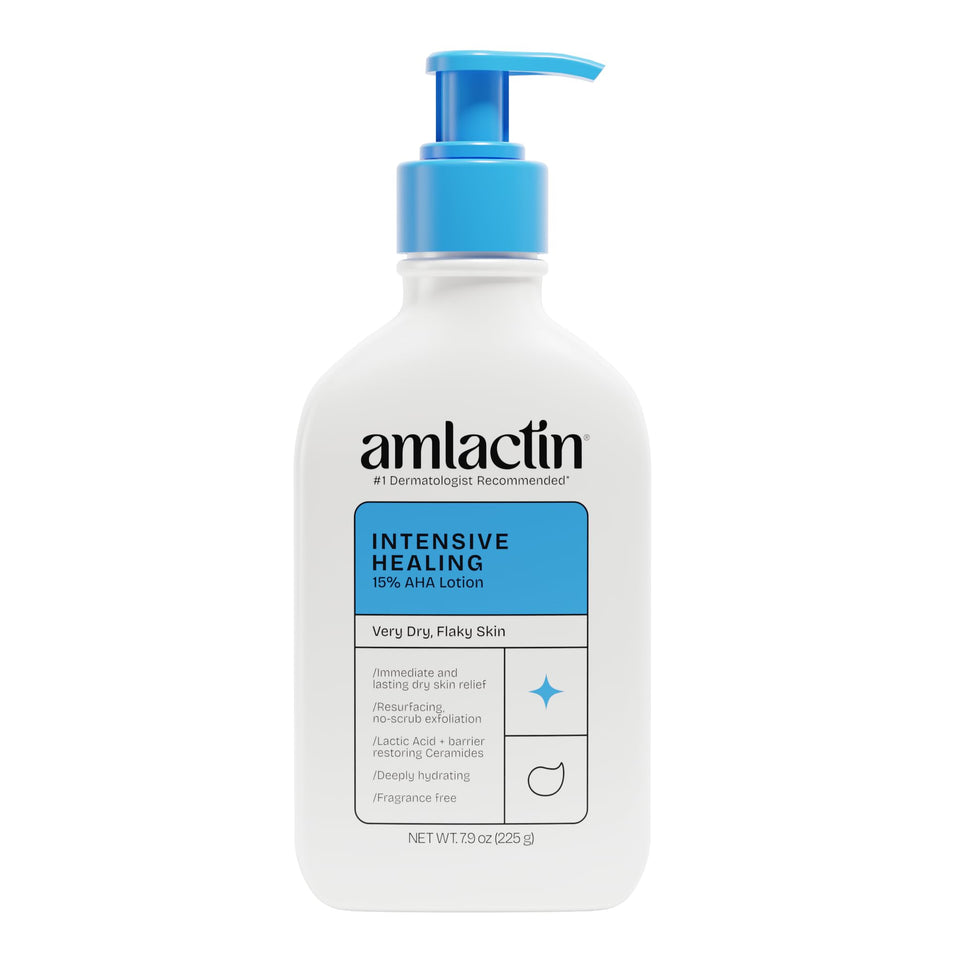 AmLactin pump bottle front view showing therapeutic lotion and ease of use