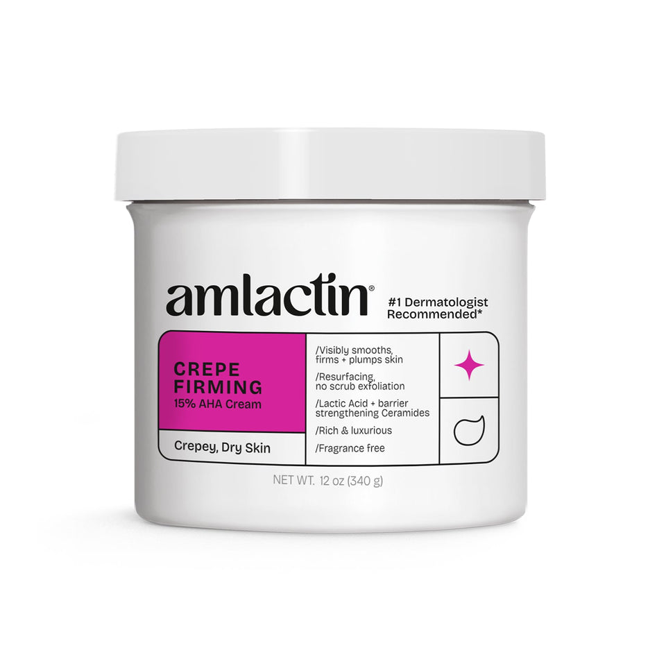 AmLactin jar front facing showing product name and 12 oz size, promoting visible firming