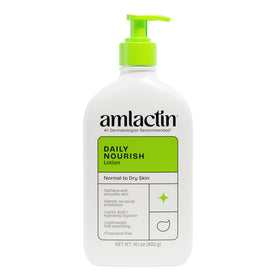 AmLactin pump bottle front showing brand and easy dispensing benefit