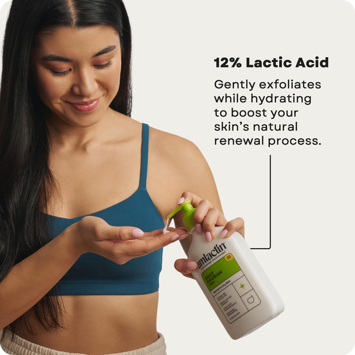 AmLactin pump being pressed onto skin demonstrating easy, controlled application