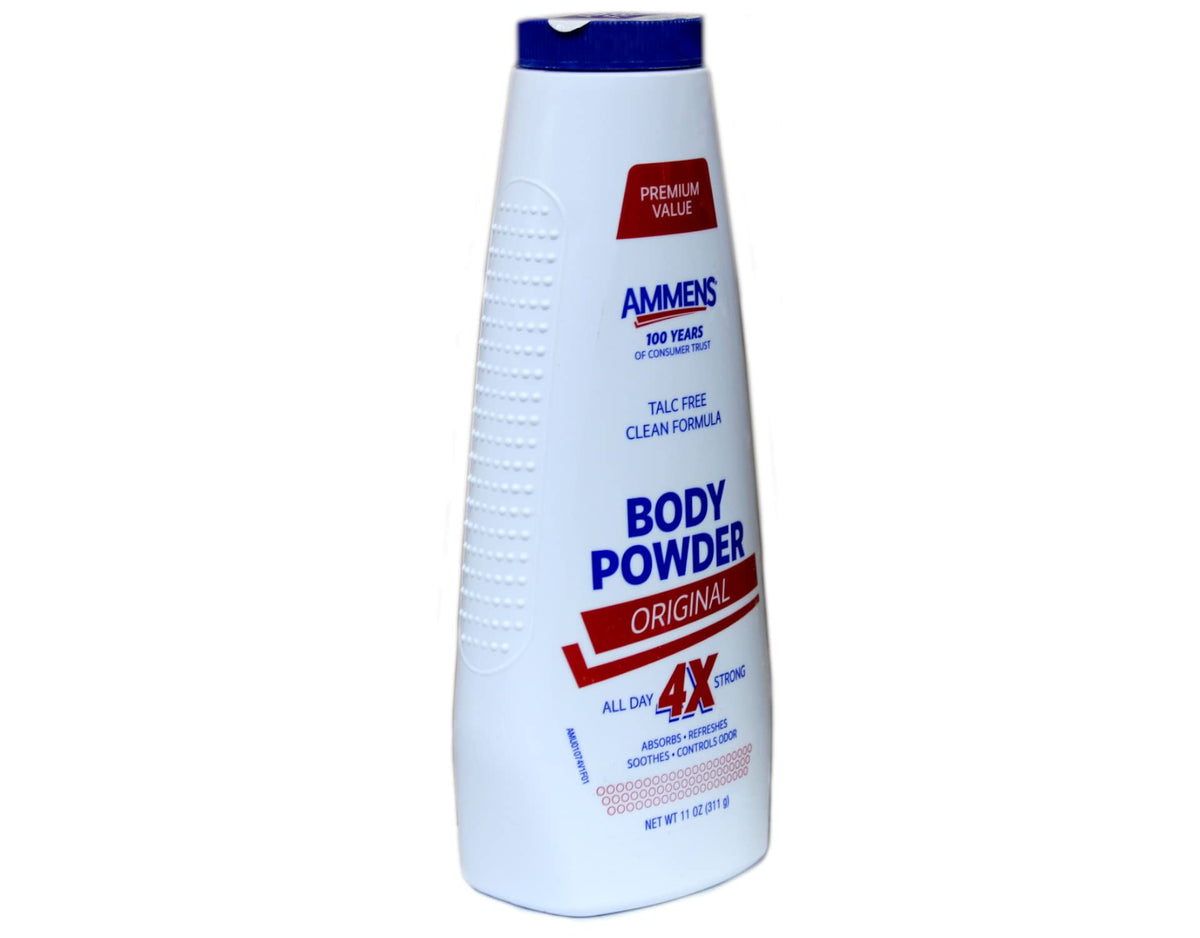AMMENS powder texture close-up highlighting talc-free fine absorbent particles