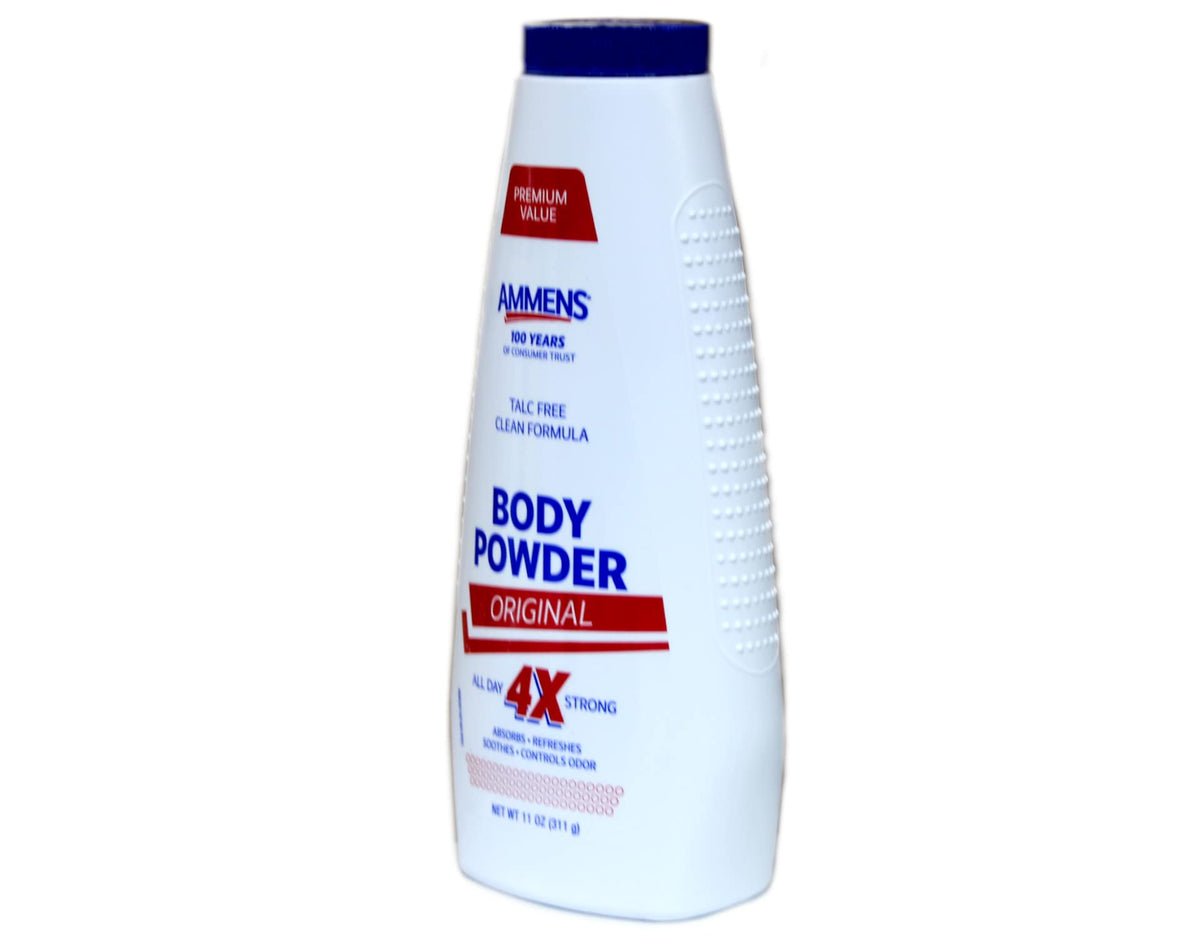AMMENS powder being applied to foot to reduce moisture and prevent odor