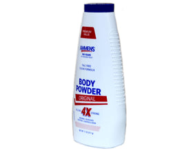 AMMENS powder being applied to foot to reduce moisture and prevent odor