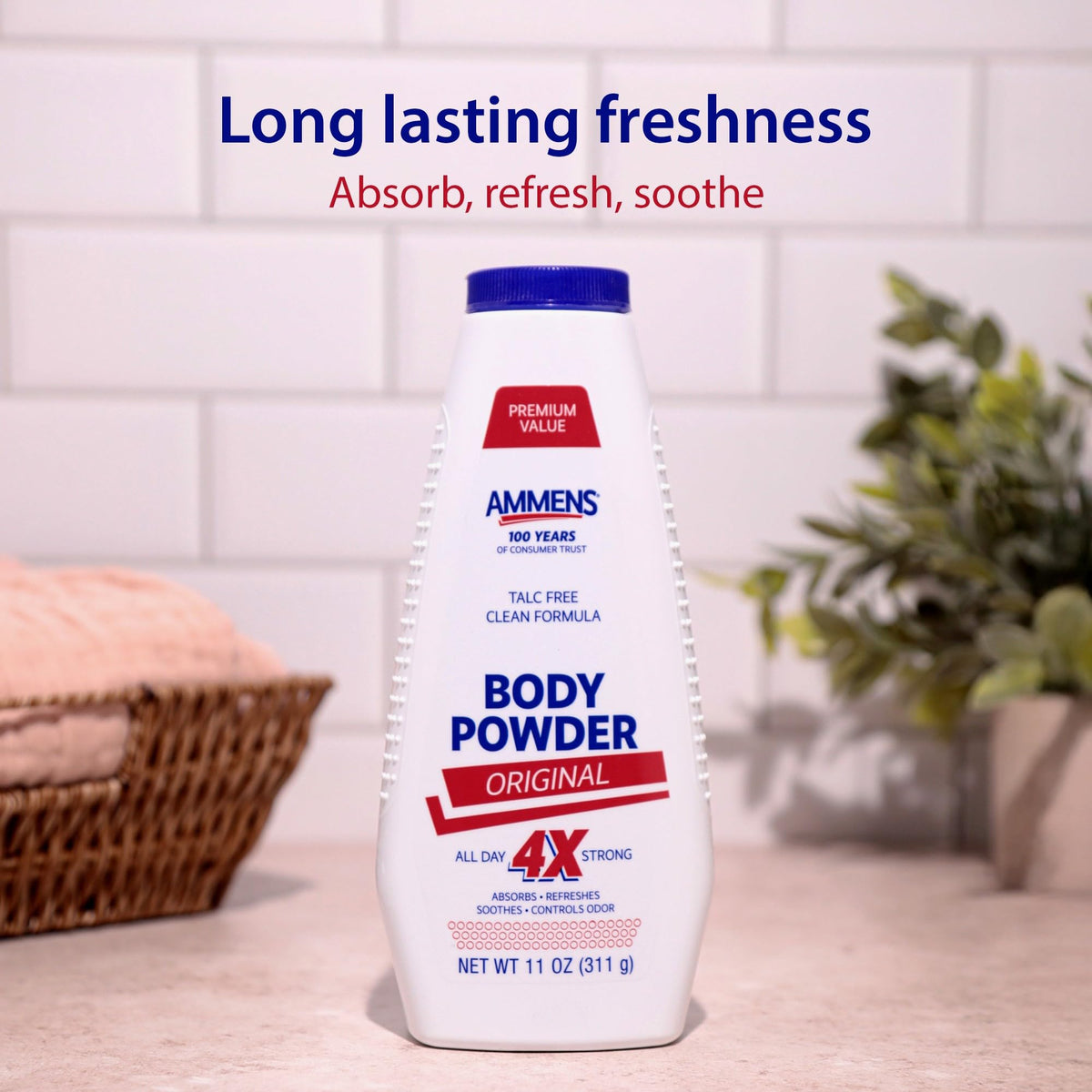AMMENS powder texture close-up demonstrating fine cornstarch finish for fast absorption