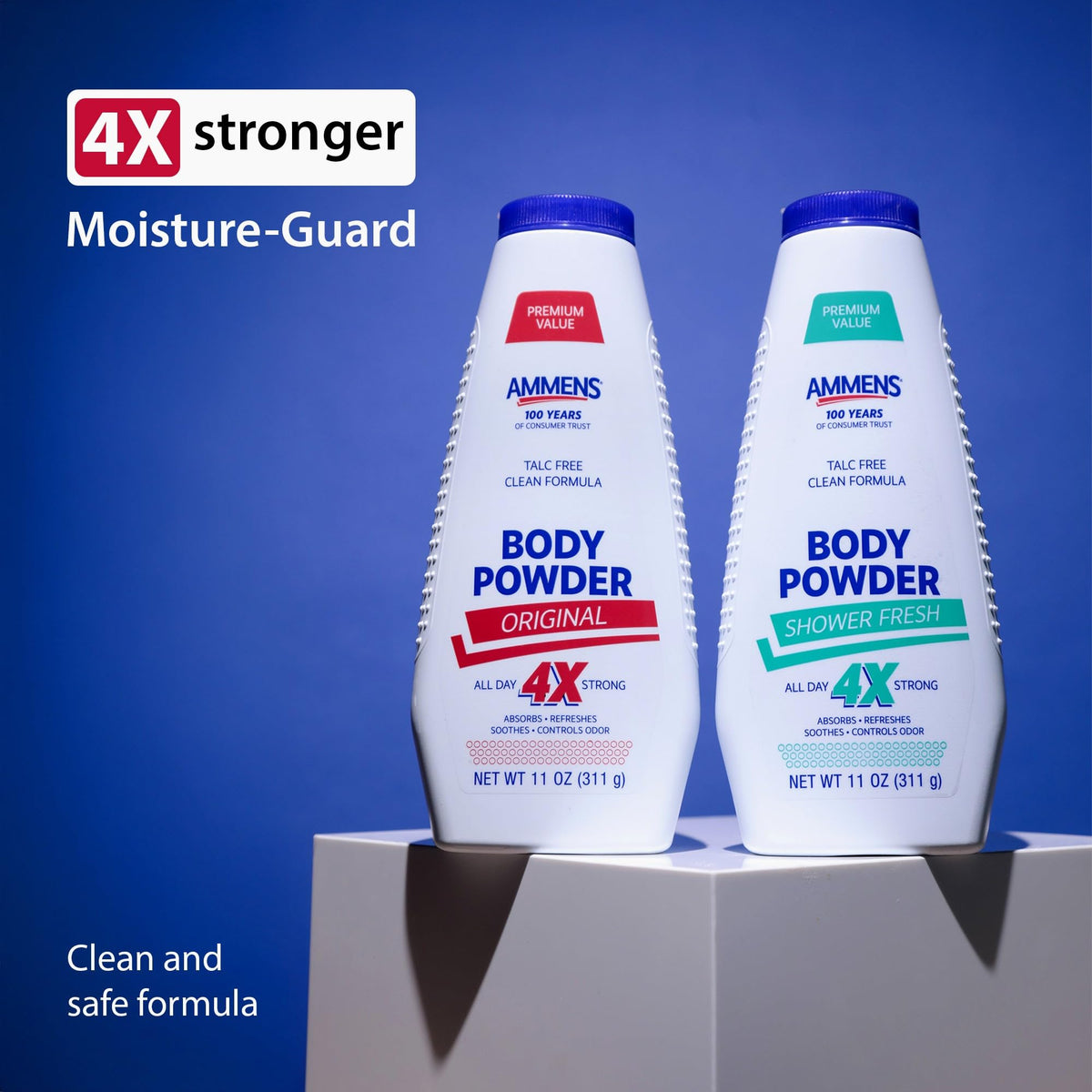 AMMENS size comparison 11 oz container shown with hand for scale and long-lasting use