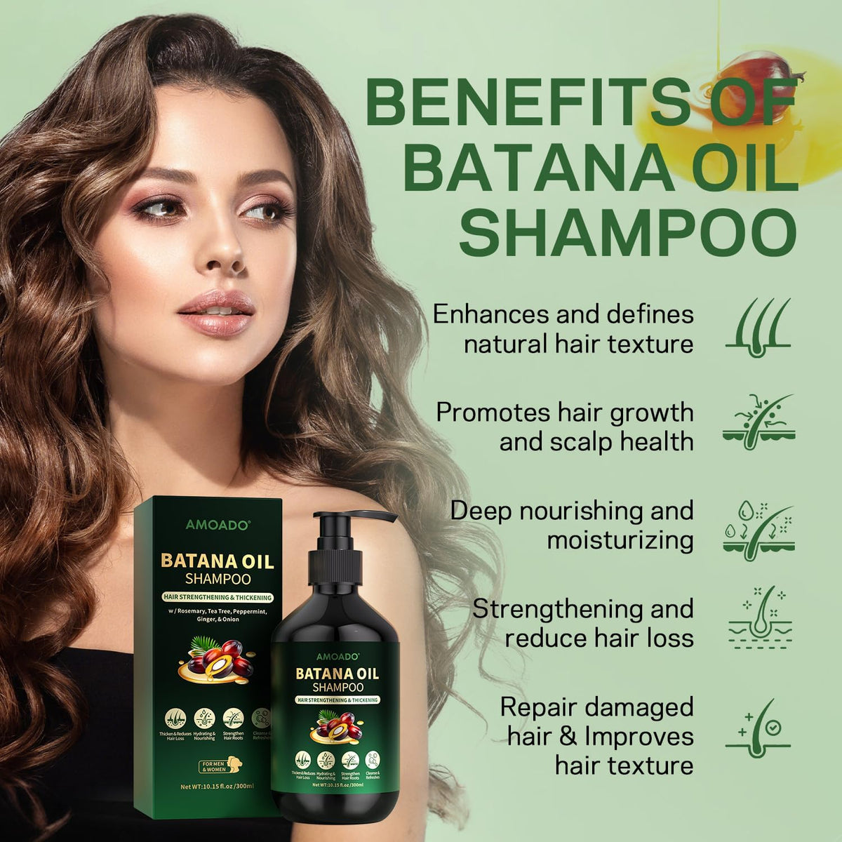 AMOADO batana oil droplet on finger, shows deep nourishment benefit