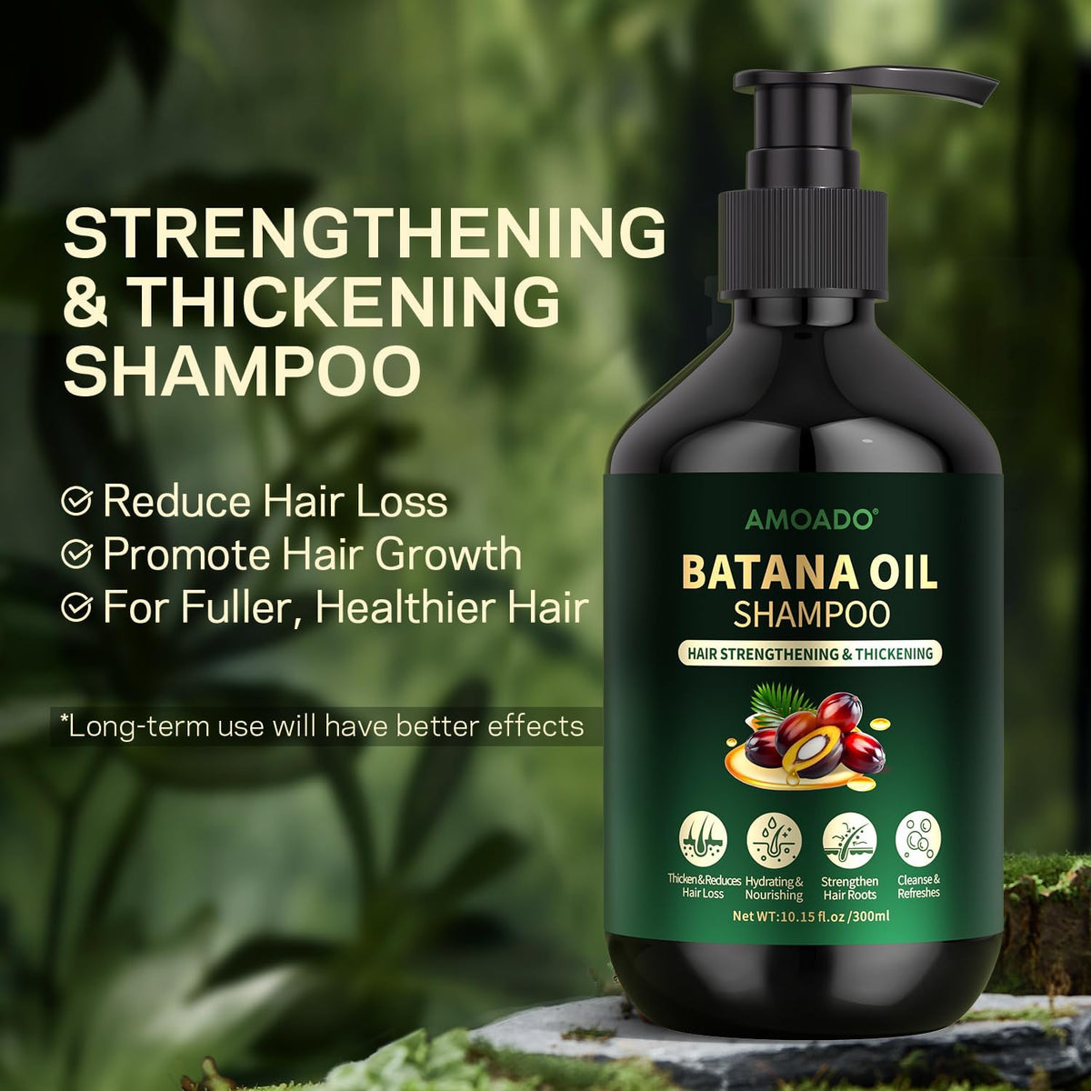 AMOADO pump dispensing shampoo, demonstrates creamy texture and ease