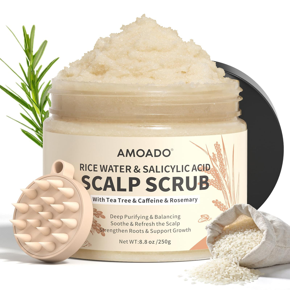 AMOADO front packaging showing rice water scalp scrub for deep cleanse