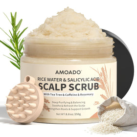 AMOADO front packaging showing rice water scalp scrub for deep cleanse