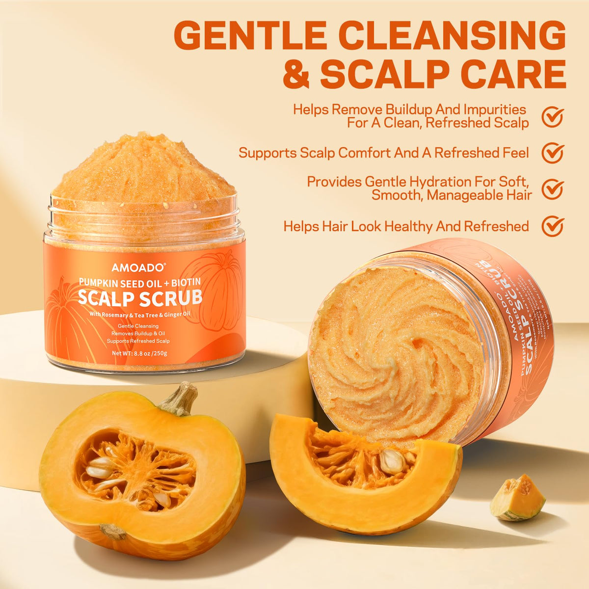 AMOADO ingredient collage of pumpkin seed oil, rosemary and biotin benefits