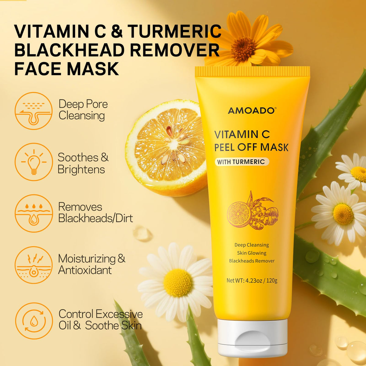 AMOADO Vitamin C and turmeric ingredients display for brighter skin benefit