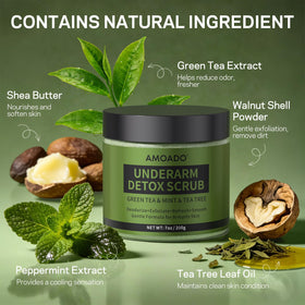 AMOADO label showing green tea, tea tree and peppermint ingredients clearly