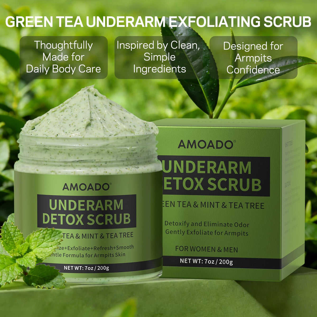 AMOADO scrub used on bikini line illustrating versatile body exfoliation benefits