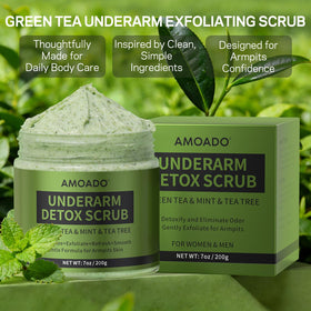 AMOADO scrub used on bikini line illustrating versatile body exfoliation benefits