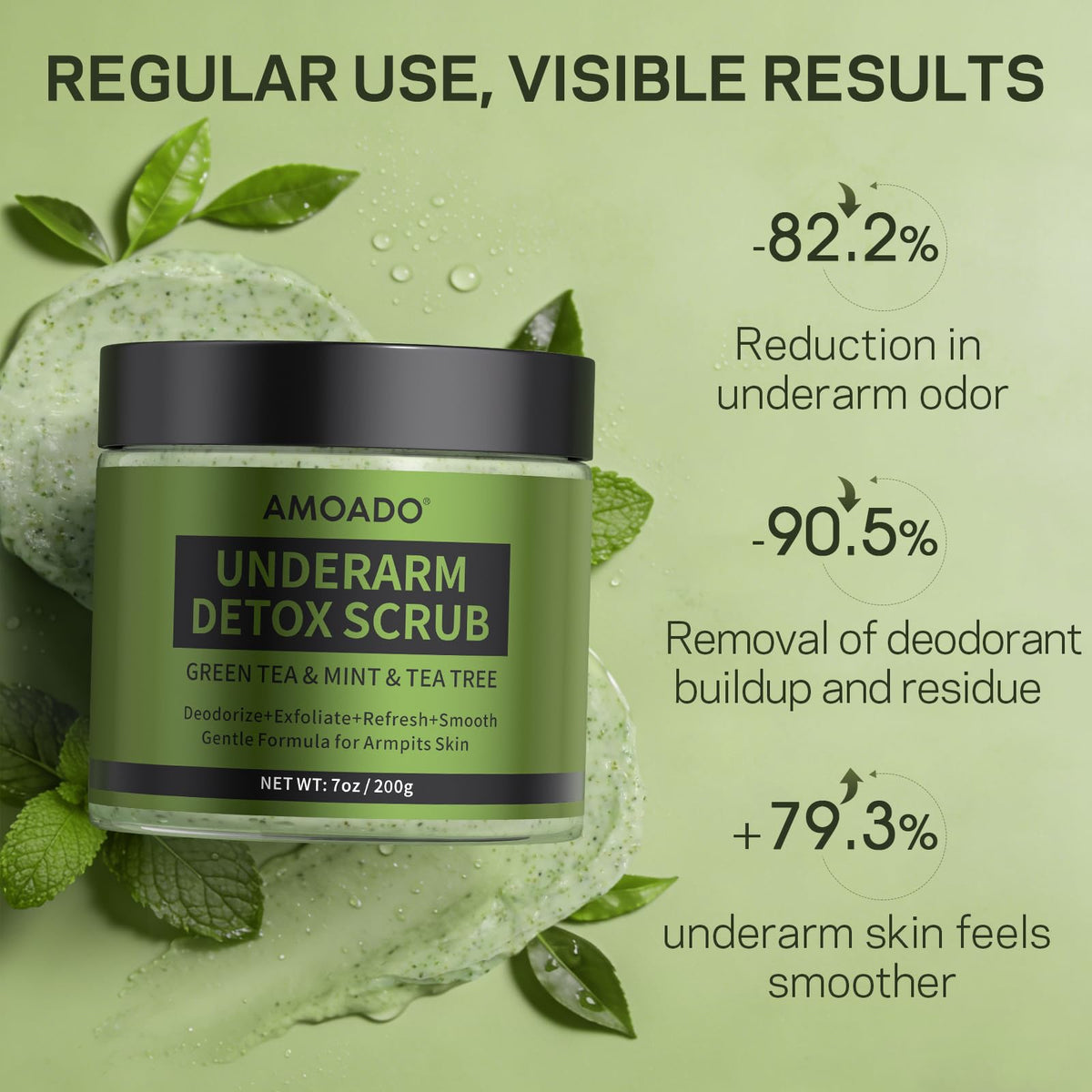 AMOADO scrub on fingertip highlighting gentle exfoliation and moisturizing finish