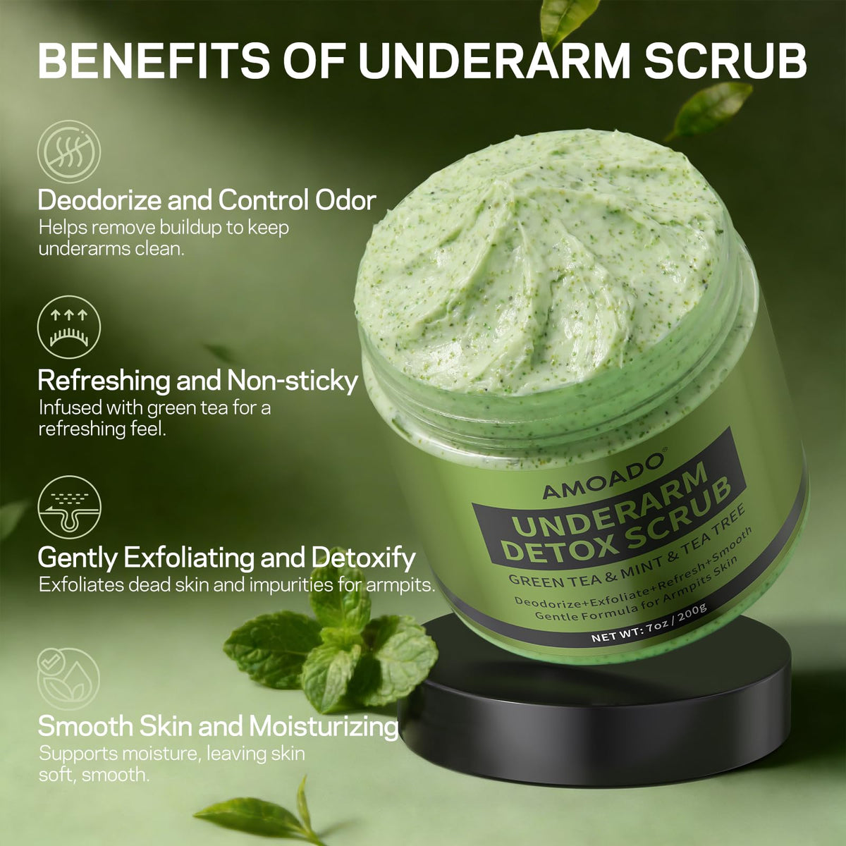 AMOADO close-up of scrub texture showing green tea grains and gentle exfoliant