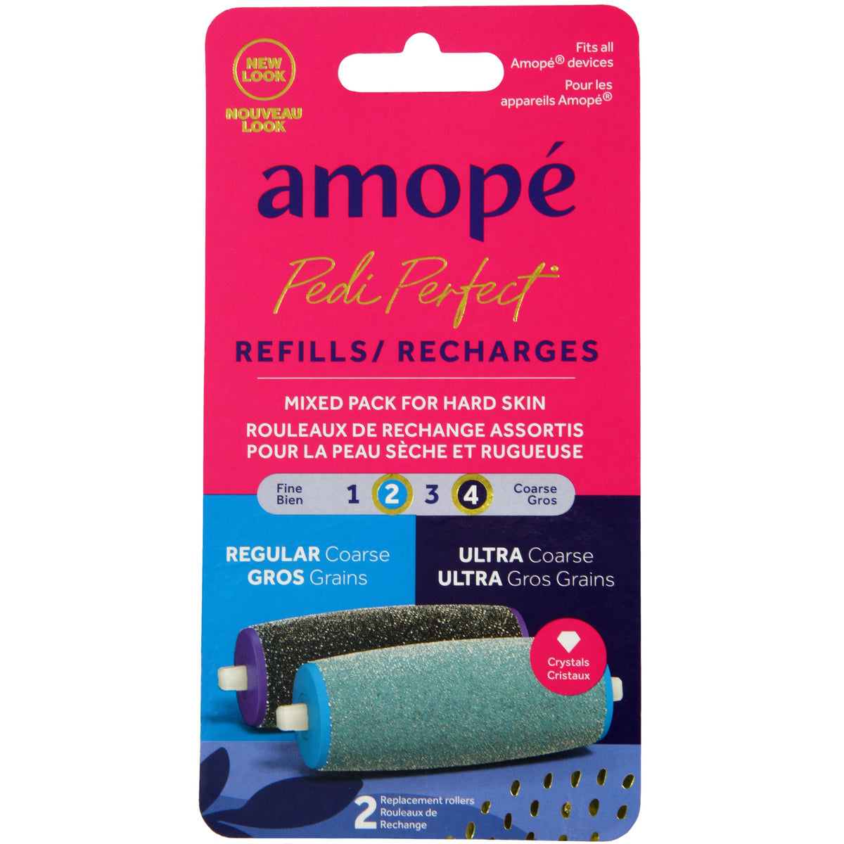 Amope front packaging showing two roller heads and mixed coarse benefits