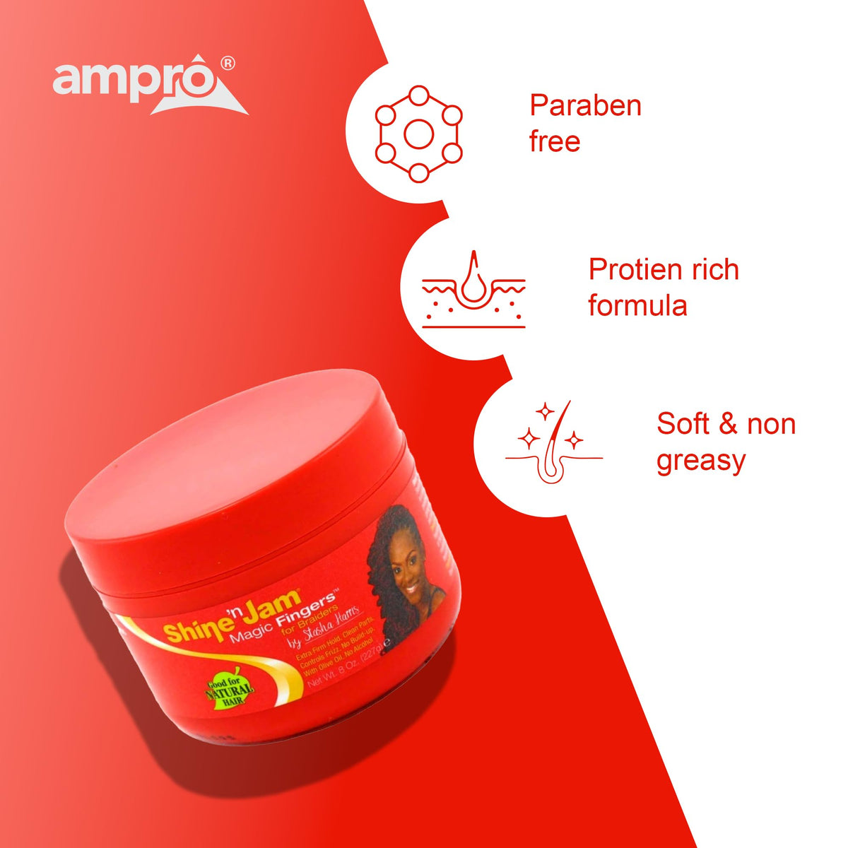 AmPro label highlighting silk protein and Abyssinian oil for conditioning