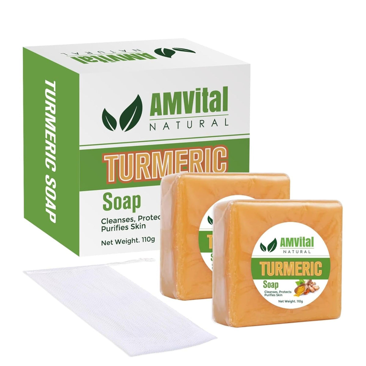 AMVital turmeric soap bar front packaging shows natural handmade benefits